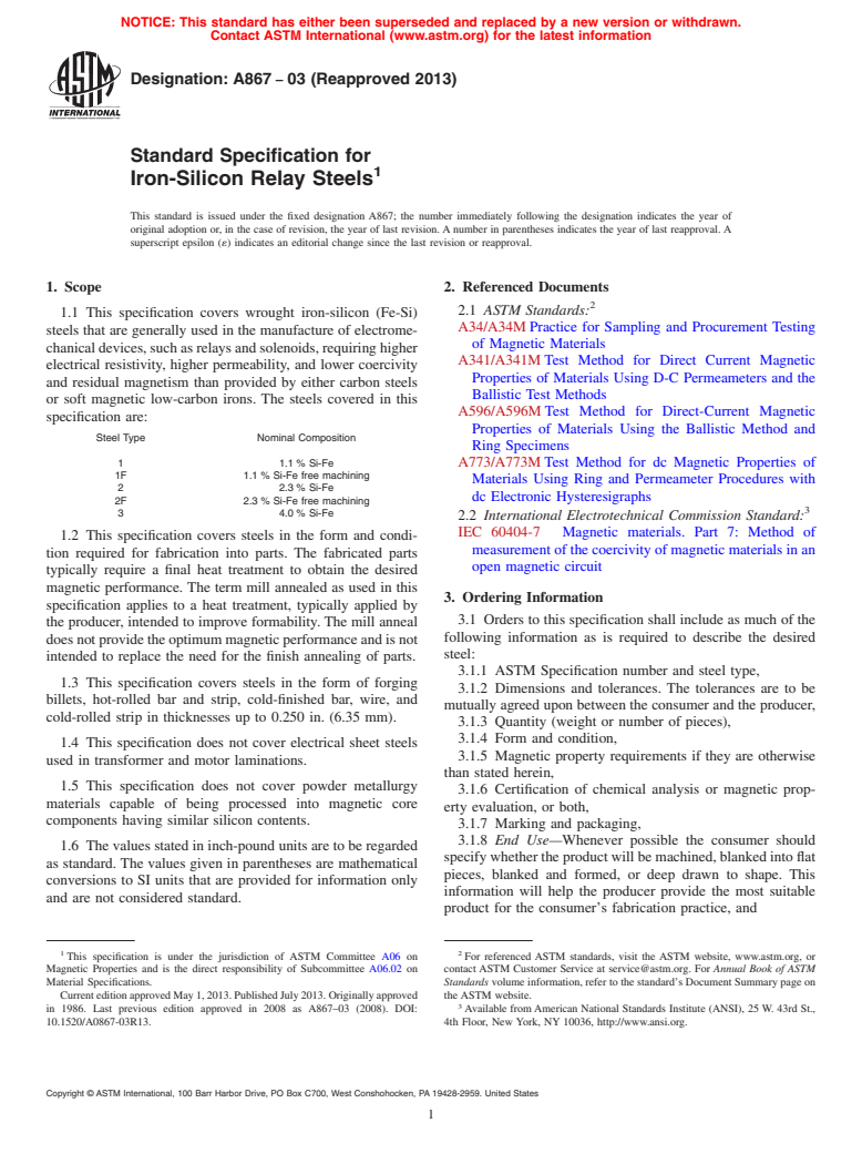 ASTM A867-03(2013) - Standard Specification for  Iron-Silicon Relay Steels