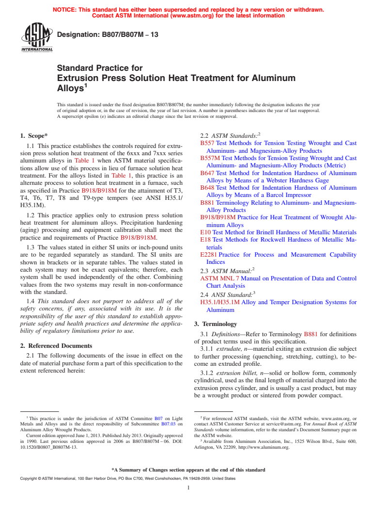 ASTM B807/B807M-13 - Standard Practice for  Extrusion Press Solution Heat Treatment for Aluminum Alloys