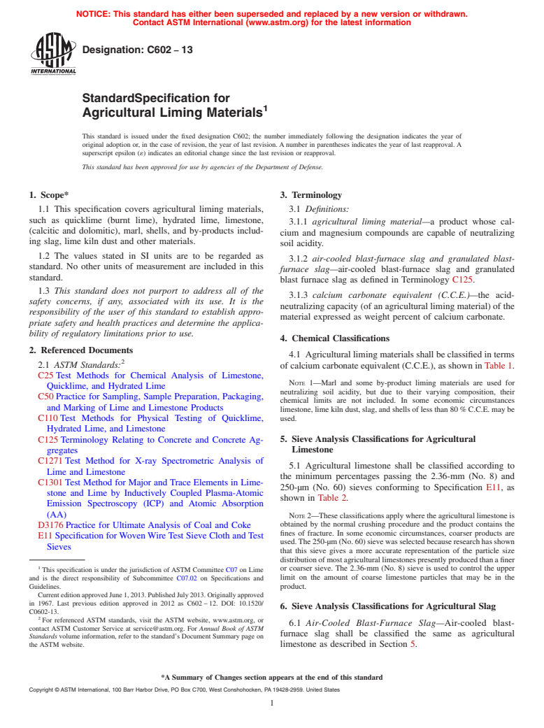 ASTM C602-13 - Standard Specification for  Agricultural Liming Materials
