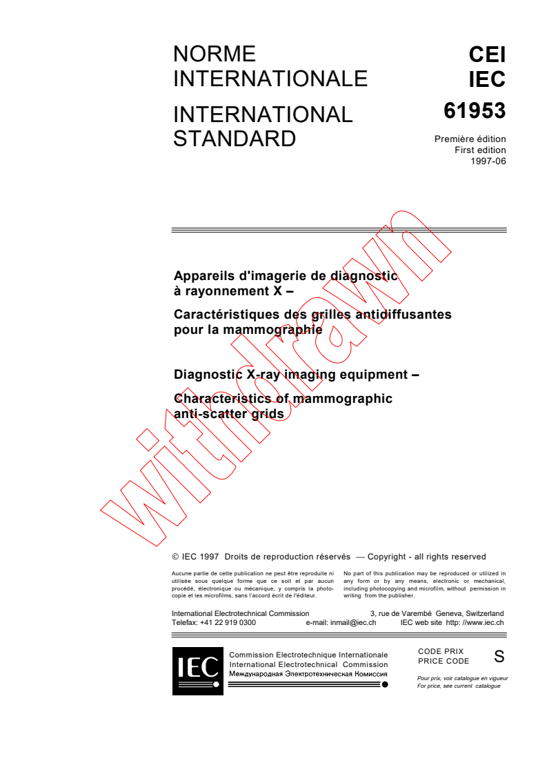 IEC 61953:1997 - Diagnostic X-ray imaging equipment - Characteristics of mammographic anti-scatter grids
Released:6/24/1997
Isbn:2831838789