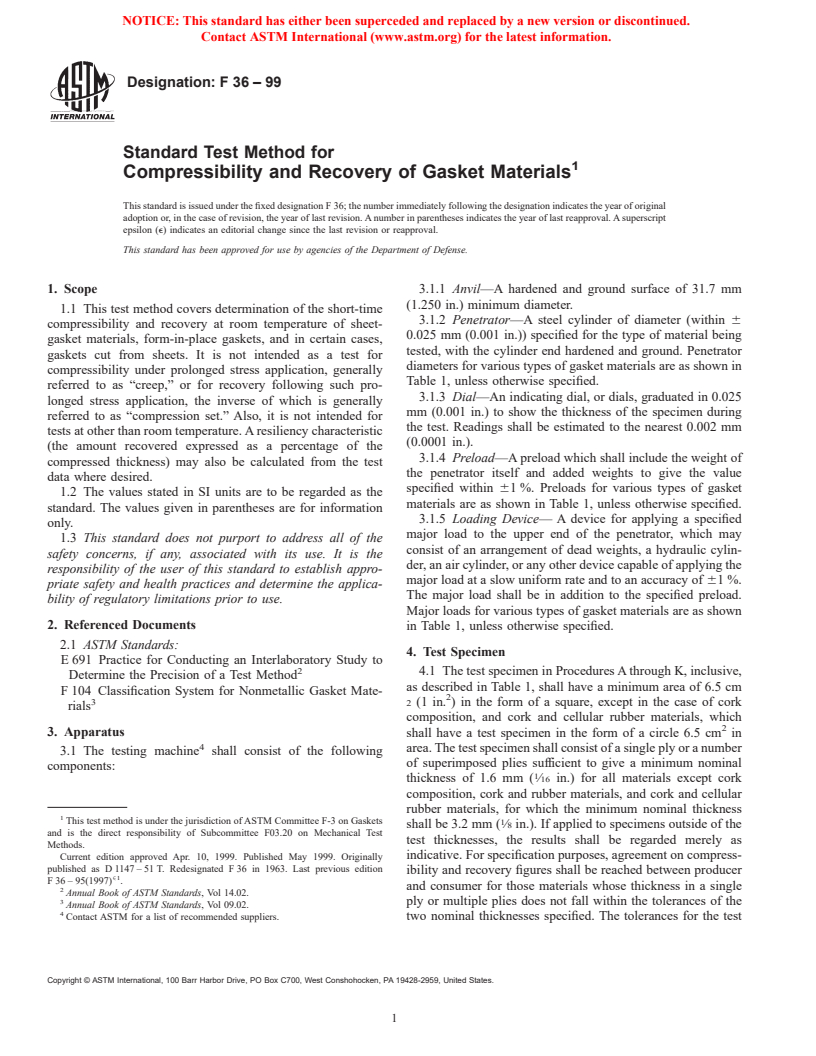 ASTM F36-99 - Standard Test Method for Compressibility and Recovery of Gasket Materials