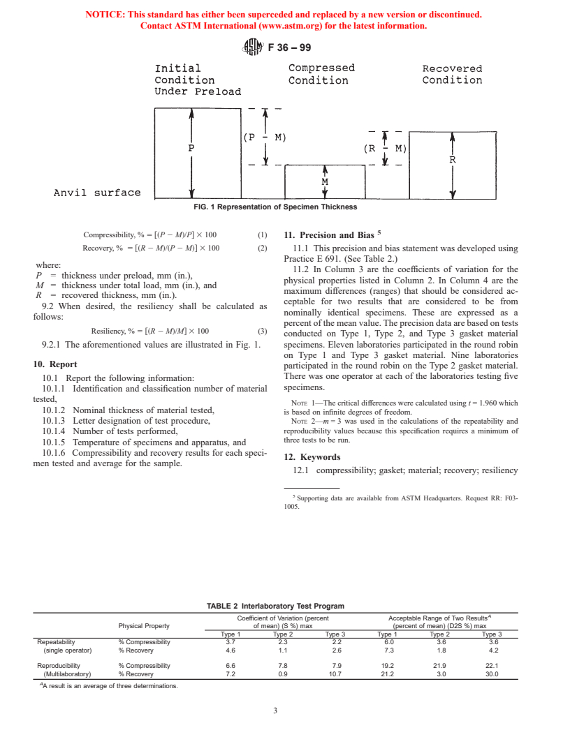 ASTM F36-99 - Standard Test Method for Compressibility and Recovery of Gasket Materials