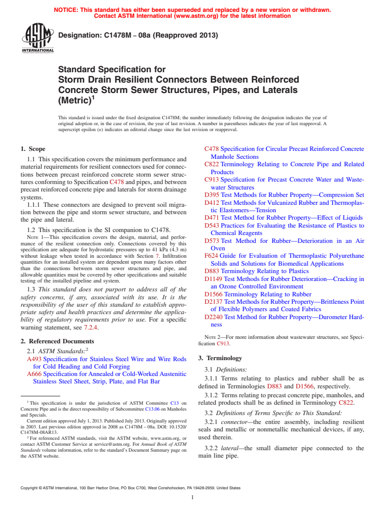 ASTM C1478M-08a(2013) - Standard Specification for  Storm Drain Resilient Connectors Between Reinforced Concrete  Storm Sewer Structures, Pipes, and Laterals (Metric)