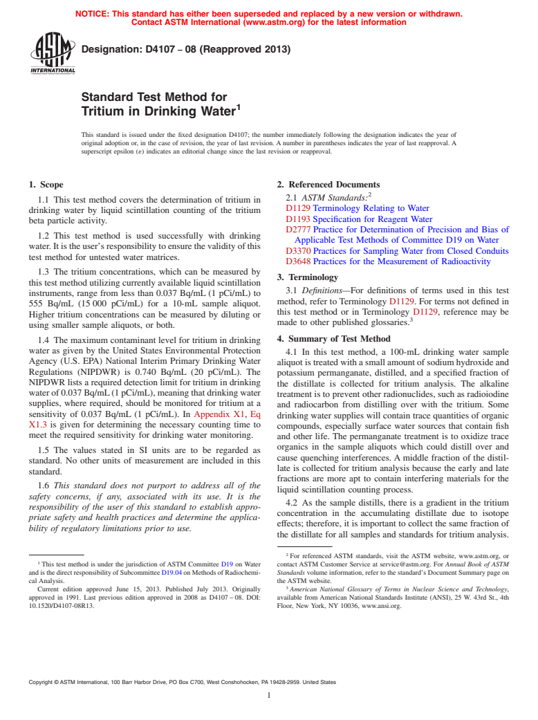 ASTM D4107-08(2013) - Standard Test Method for  Tritium in Drinking Water