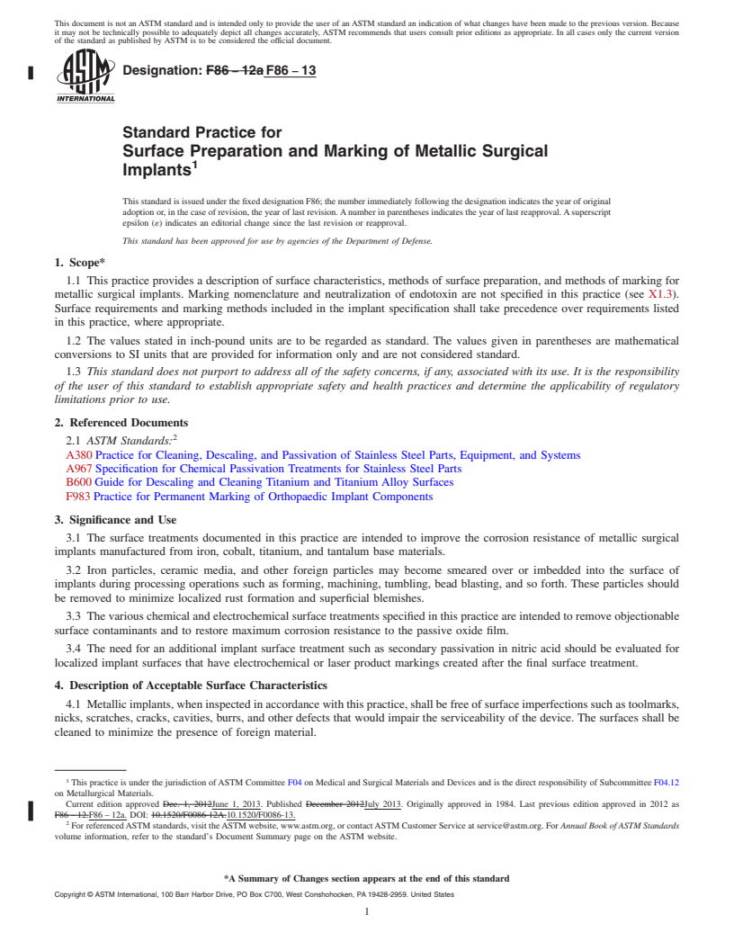 REDLINE ASTM F86-13 - Standard Practice for  Surface Preparation and Marking of Metallic Surgical Implants