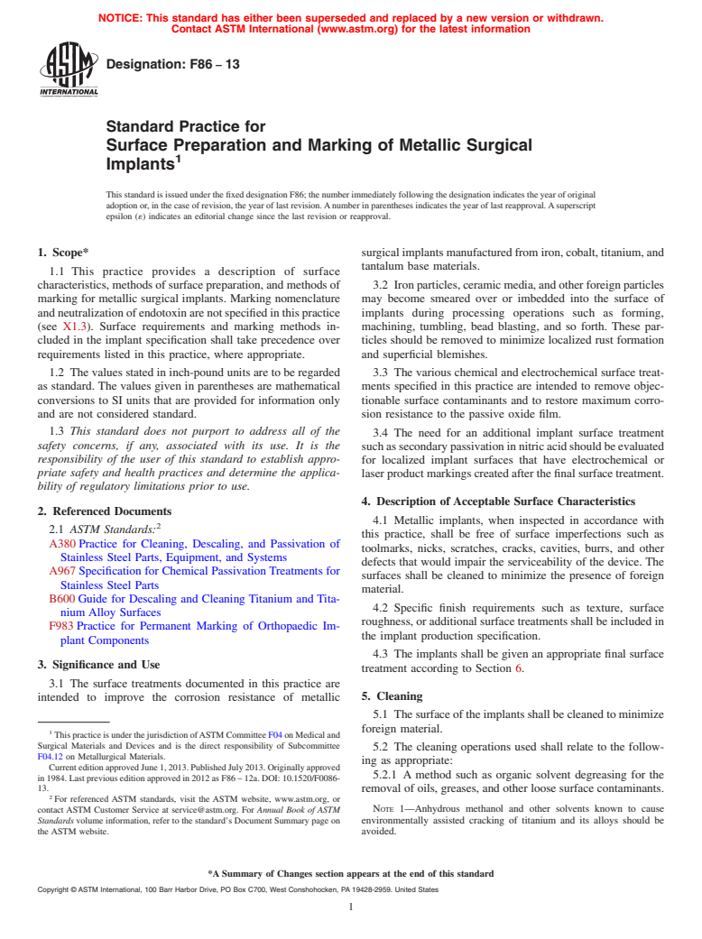 ASTM F86-13 - Standard Practice for  Surface Preparation and Marking of Metallic Surgical Implants