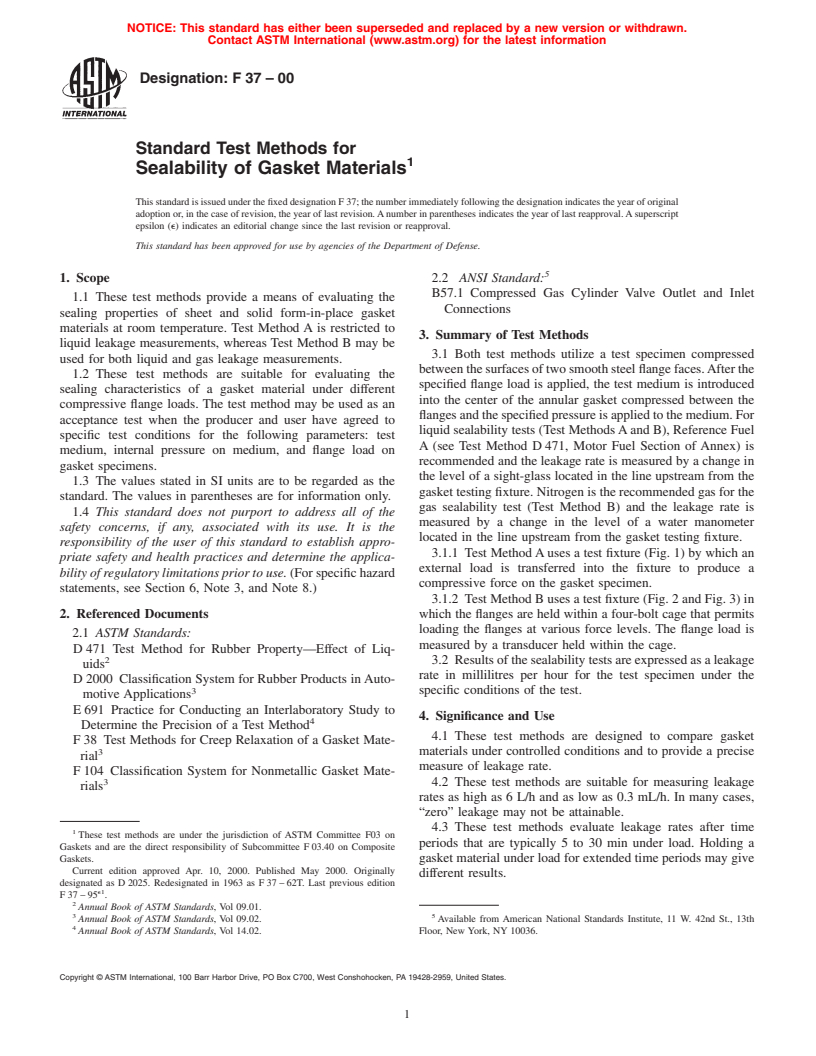 ASTM F37-00 - Standard Test Methods for Sealability of Gasket Materials