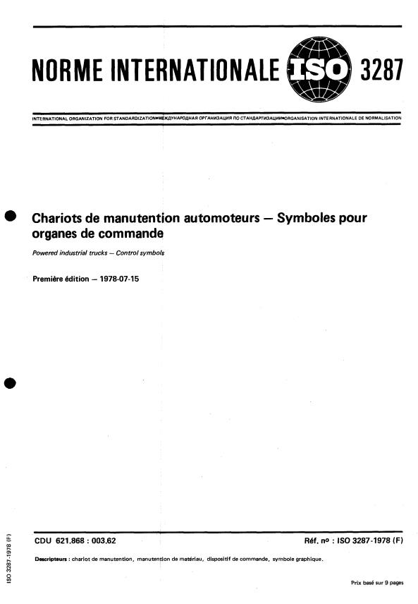 ISO 3287:1978 - Chariots de manutention automoteurs -- Symboles pour organes de commande