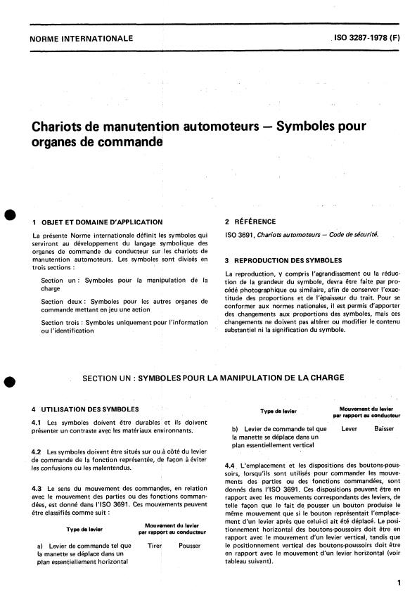 ISO 3287:1978 - Chariots de manutention automoteurs -- Symboles pour organes de commande