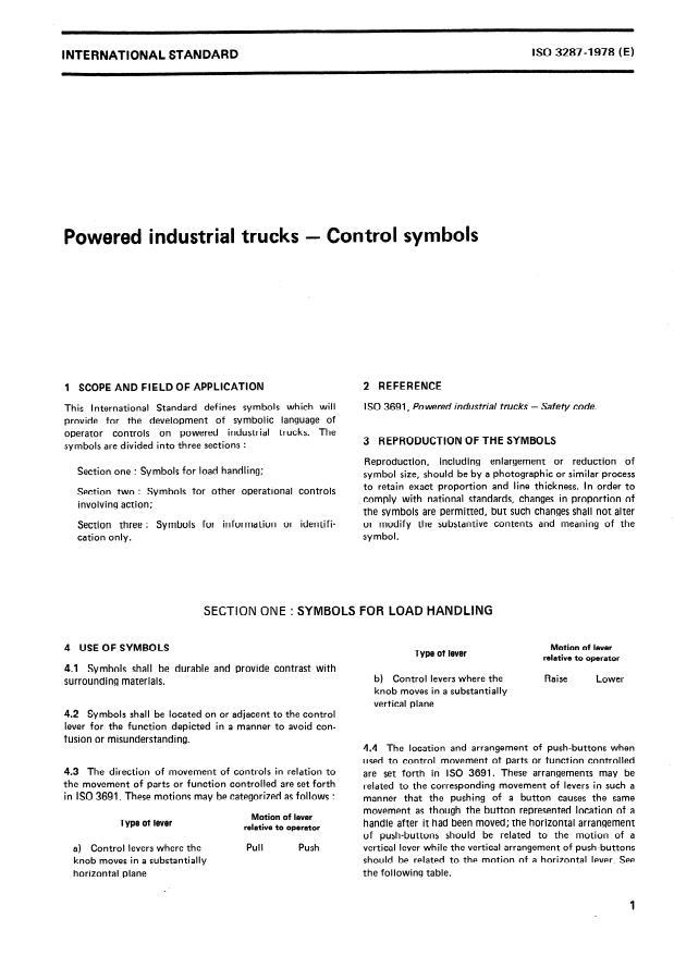 ISO 3287:1978 - Powered industrial trucks -- Control symbols