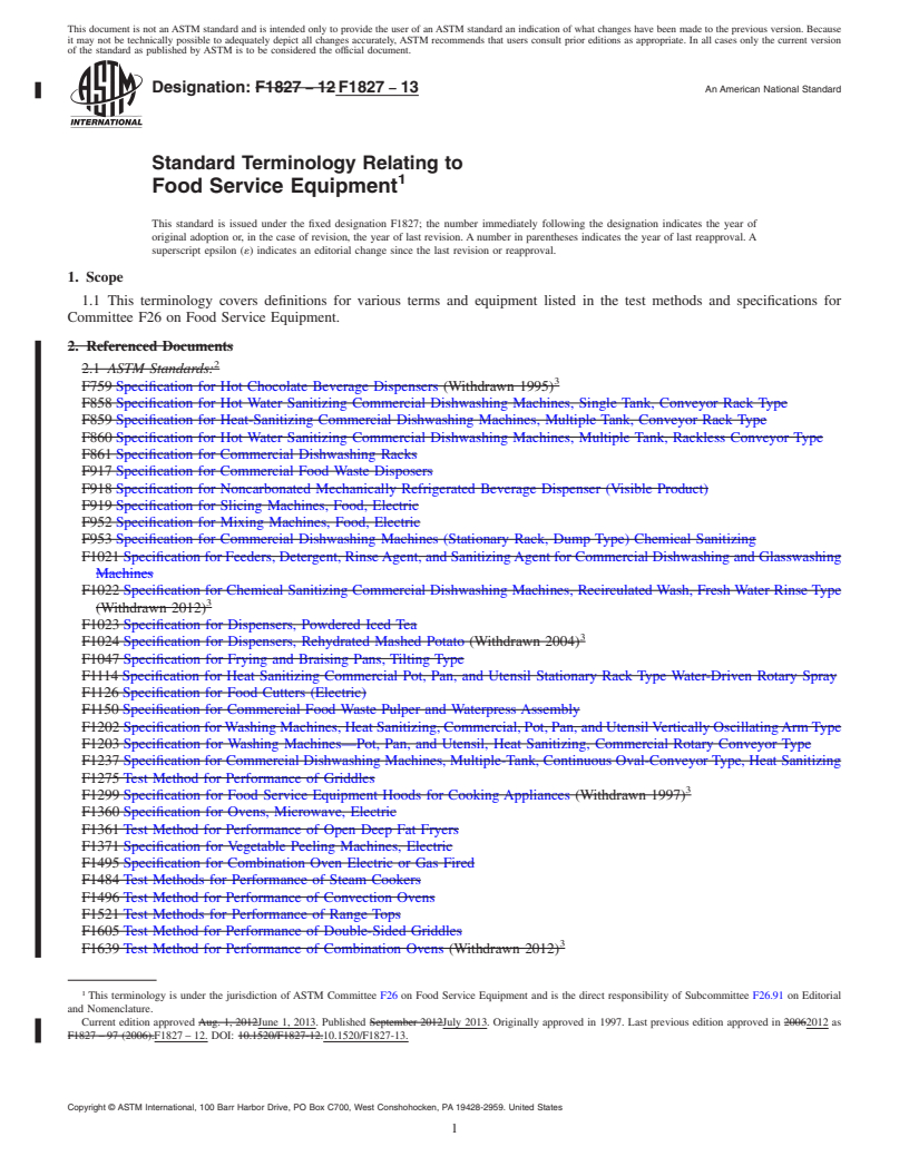 REDLINE ASTM F1827-13 - Standard Terminology Relating to  Food Service Equipment