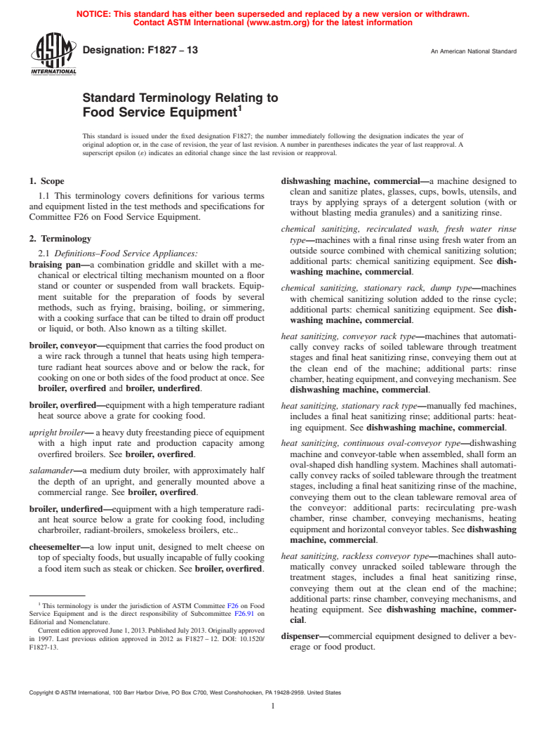 ASTM F1827-13 - Standard Terminology Relating to  Food Service Equipment