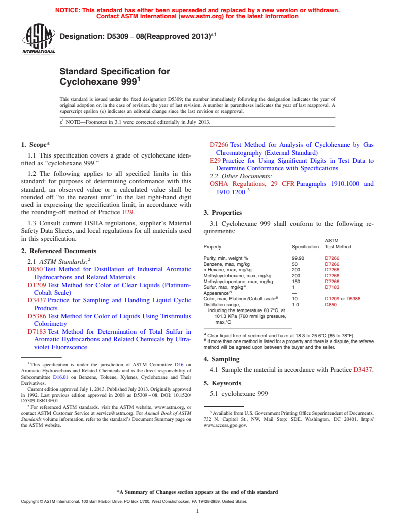 ASTM D5309-08(2013)e1 - Standard Specification for Cyclohexane 999