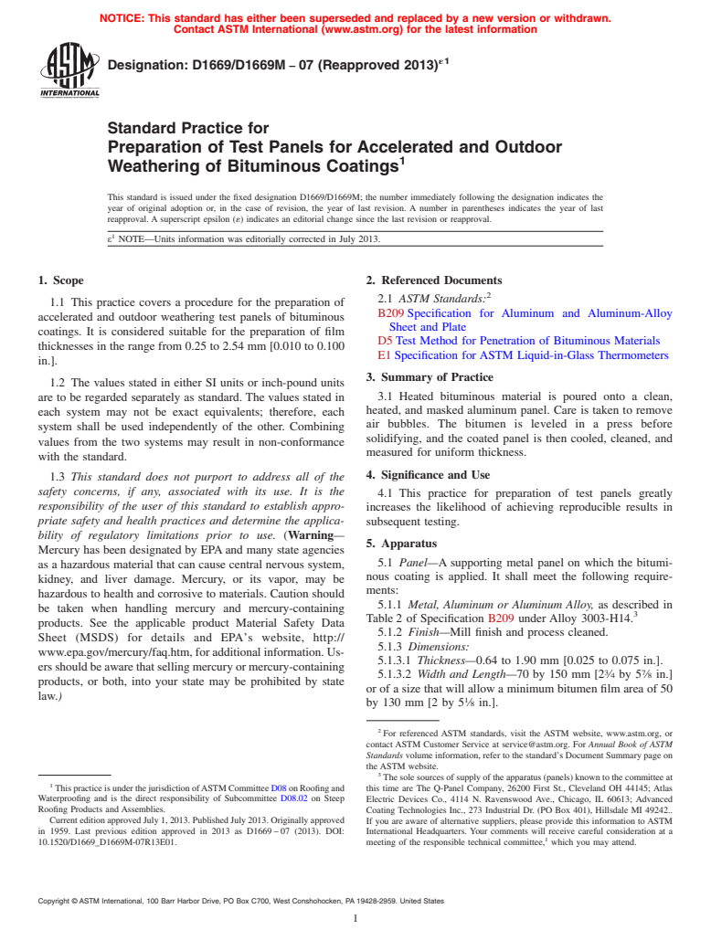 ASTM D1669/D1669M-07(2013)e1 - Standard Practice for  Preparation of Test Panels for Accelerated and Outdoor Weathering  of Bituminous Coatings