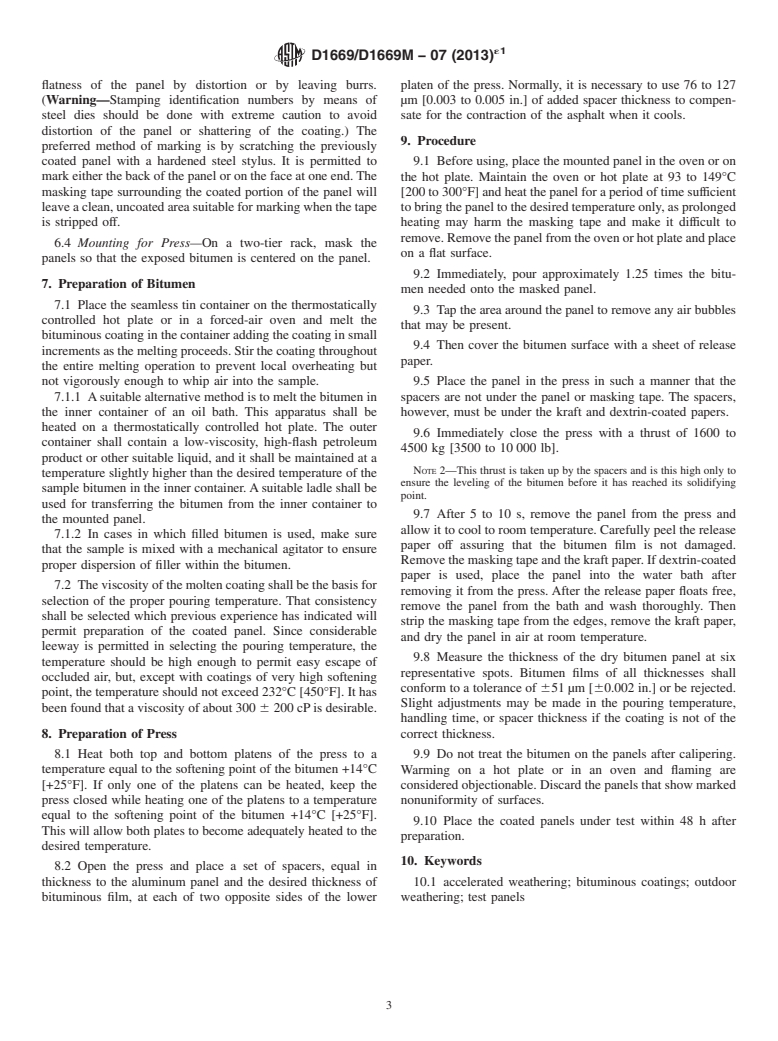 ASTM D1669/D1669M-07(2013)e1 - Standard Practice for  Preparation of Test Panels for Accelerated and Outdoor Weathering  of Bituminous Coatings