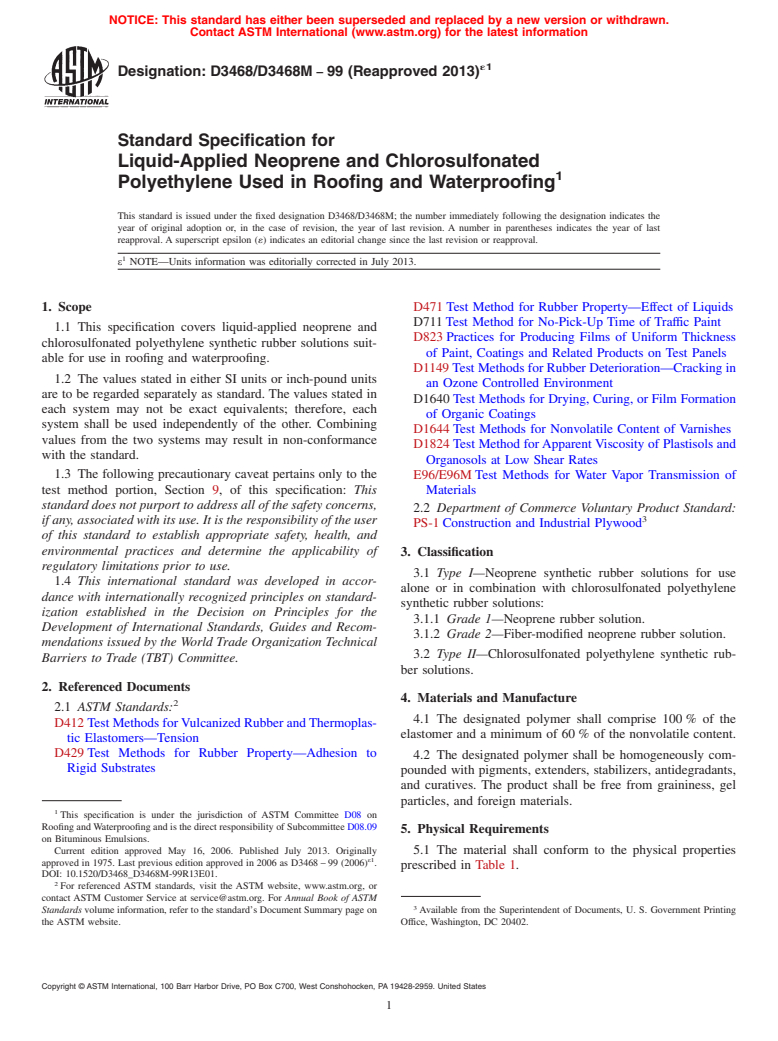 ASTM D3468/D3468M-99(2013)e1 - Standard Specification for Liquid-Applied Neoprene and Chlorosulfonated Polyethylene Used in Roofing and Waterproofing