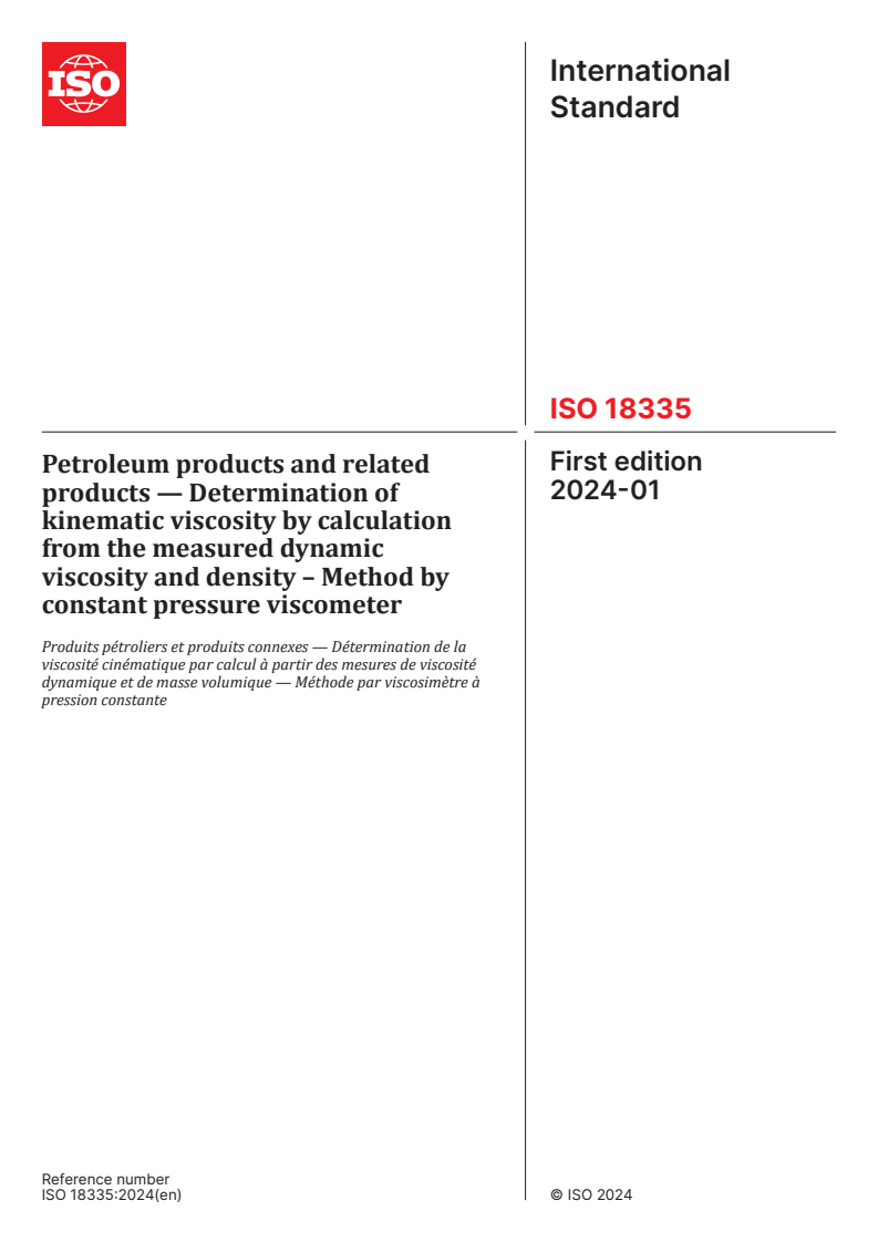 ISO 18335:2024 - Petroleum products and related products — Determination of kinematic viscosity by calculation from the measured dynamic viscosity and density – Method by constant pressure viscometer
Released:31. 01. 2024