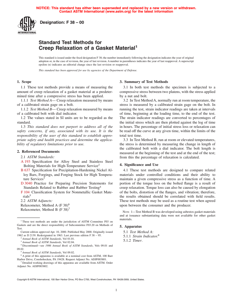 ASTM F38-00 - Standard Test Methods for Creep Relaxation of a Gasket Material