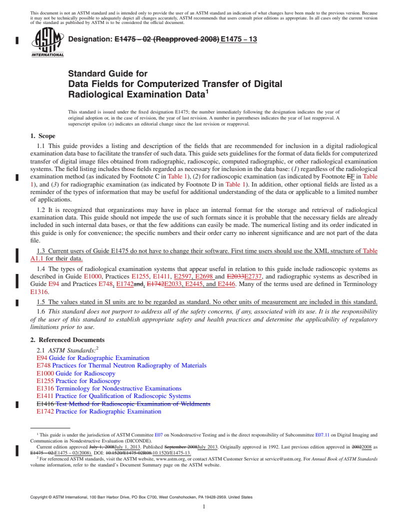 REDLINE ASTM E1475-13 - Standard Guide for  Data Fields for Computerized Transfer of Digital Radiological  Examination Data