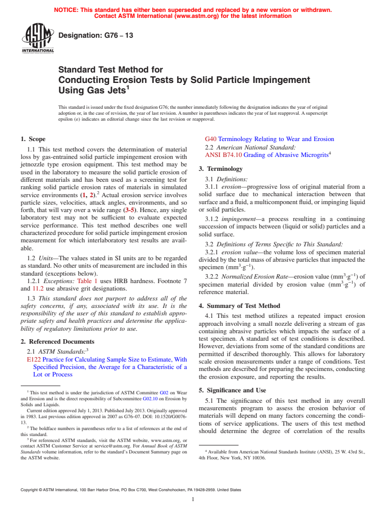 ASTM G76-13 - Standard Test Method for  Conducting Erosion Tests by Solid Particle Impingement Using  Gas Jets