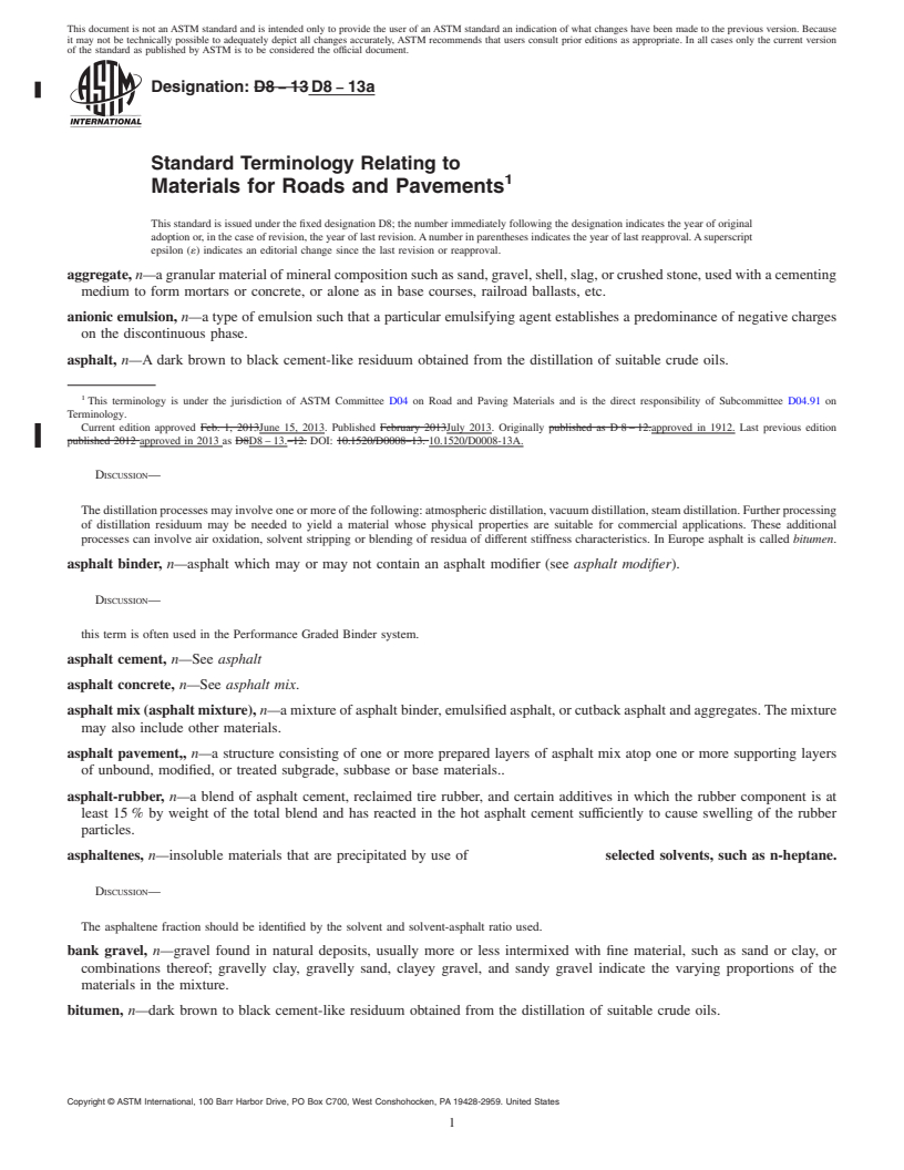 REDLINE ASTM D8-13a - Standard Terminology Relating to  Materials for Roads and Pavements