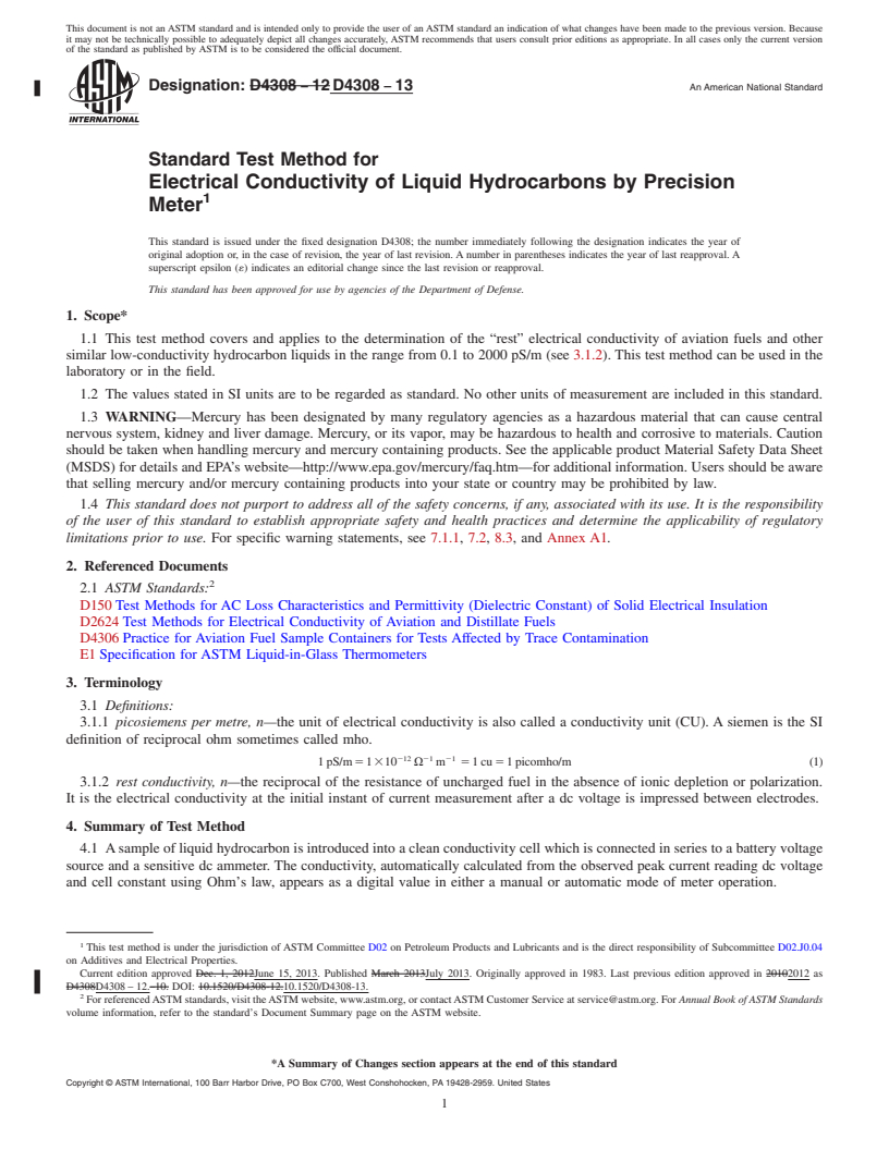 REDLINE ASTM D4308-13 - Standard Test Method for Electrical Conductivity of Liquid Hydrocarbons by Precision   Meter