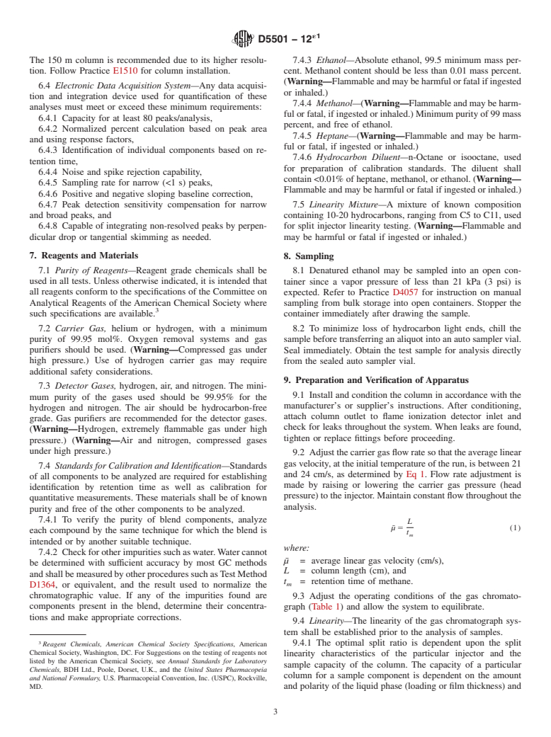 ASTM D5501-12e1 - Standard Test Method for Determination of Ethanol and Methanol Content in Fuels Containing  Greater than 20% Ethanol by Gas Chromatography