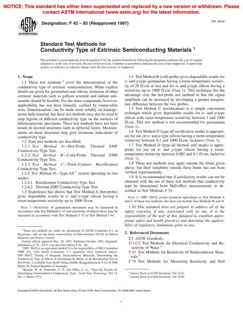 ASTM F42-93(1997) - Standard Test Methods for Conductivity Type of Extrinsic Semiconducting Materials