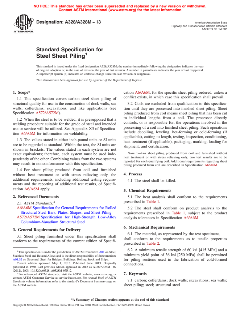 ASTM A328/A328M-13 - Standard Specification for  Steel Sheet Piling