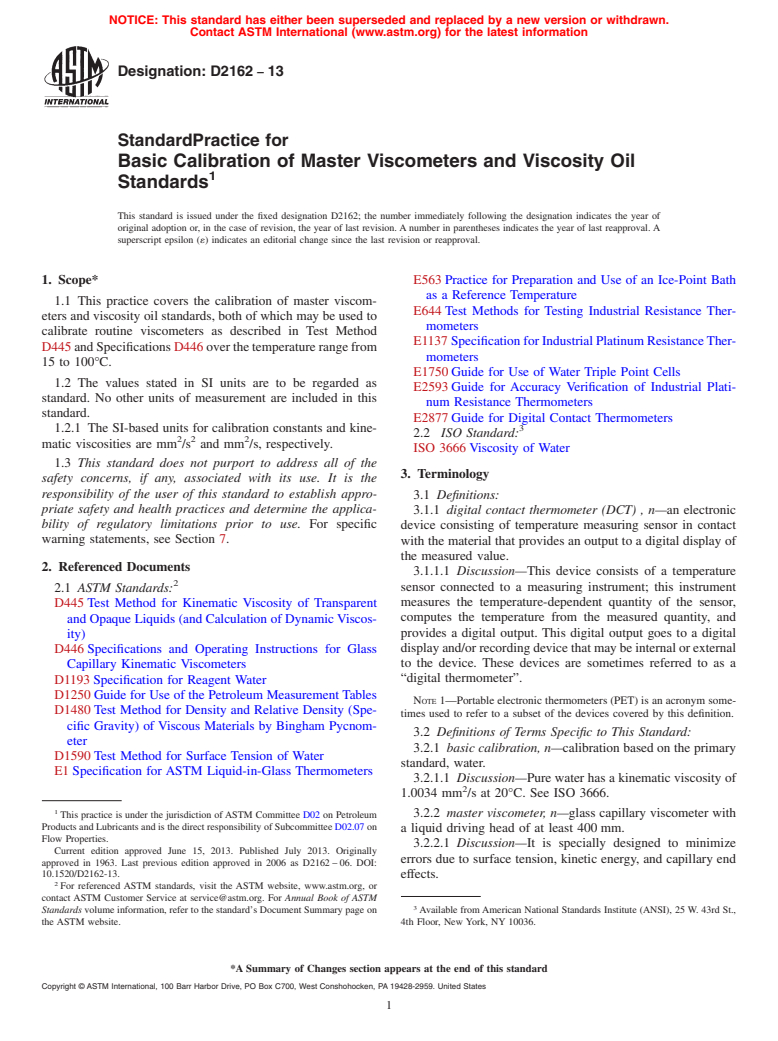 ASTM D2162-13 - Standard Practice for  Basic Calibration of Master Viscometers and Viscosity Oil Standards