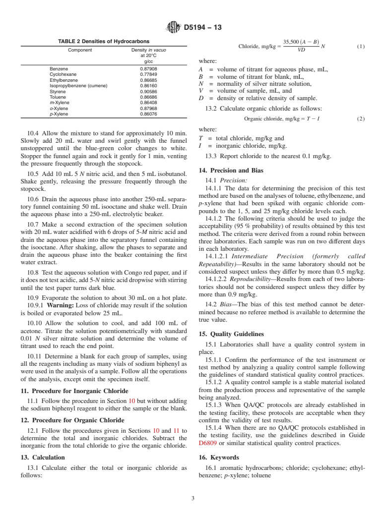 ASTM D5194-13 - Standard Test Method for Trace Chloride in Liquid Aromatic Hydrocarbons