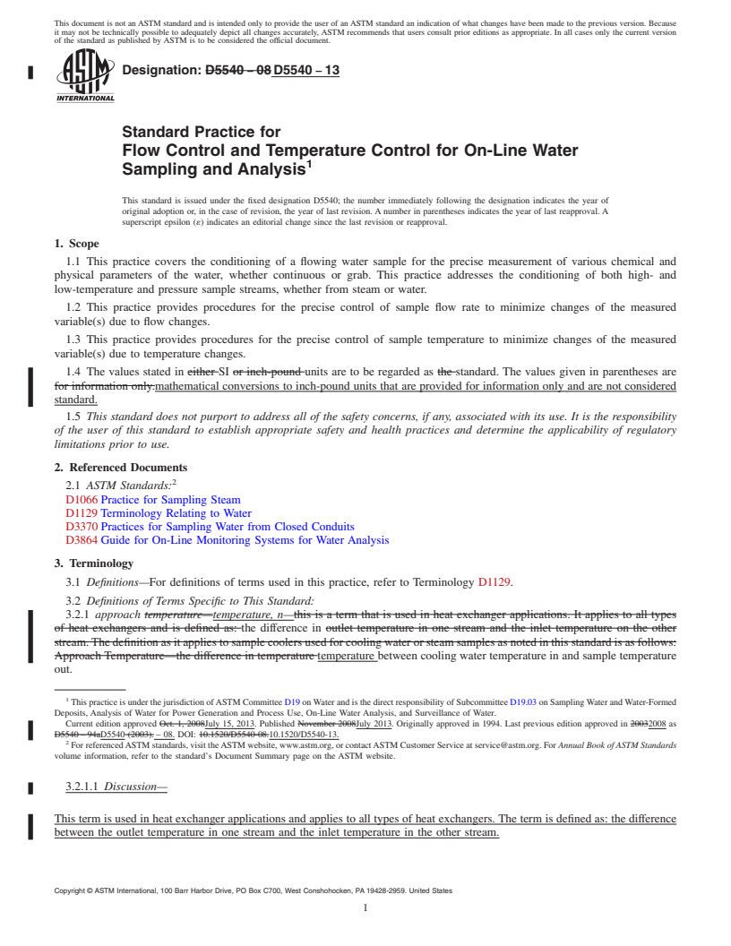 REDLINE ASTM D5540-13 - Standard Practice for  Flow Control and Temperature Control for On-Line Water Sampling and Analysis