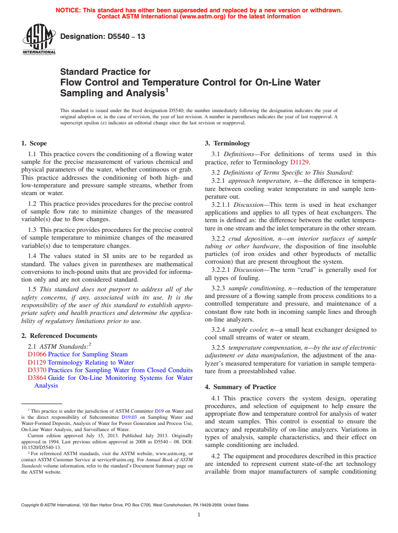 ASTM D5540-13 - Standard Practice for  Flow Control and Temperature Control for On-Line Water Sampling and Analysis