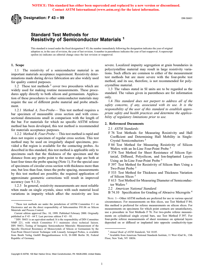 ASTM F43-99 - Standard Test Methods for Resistivity of Semiconductor Materials (Withdrawn 2003)