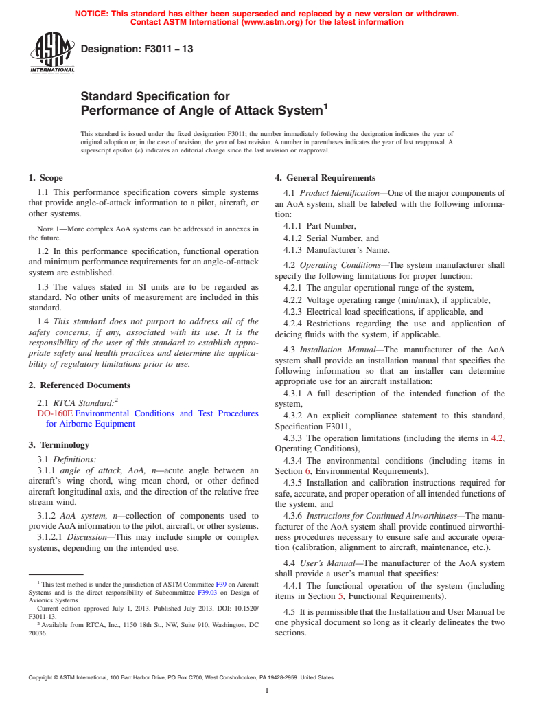 ASTM F3011-13 - Standard Specification for Performance of Angle of Attack System