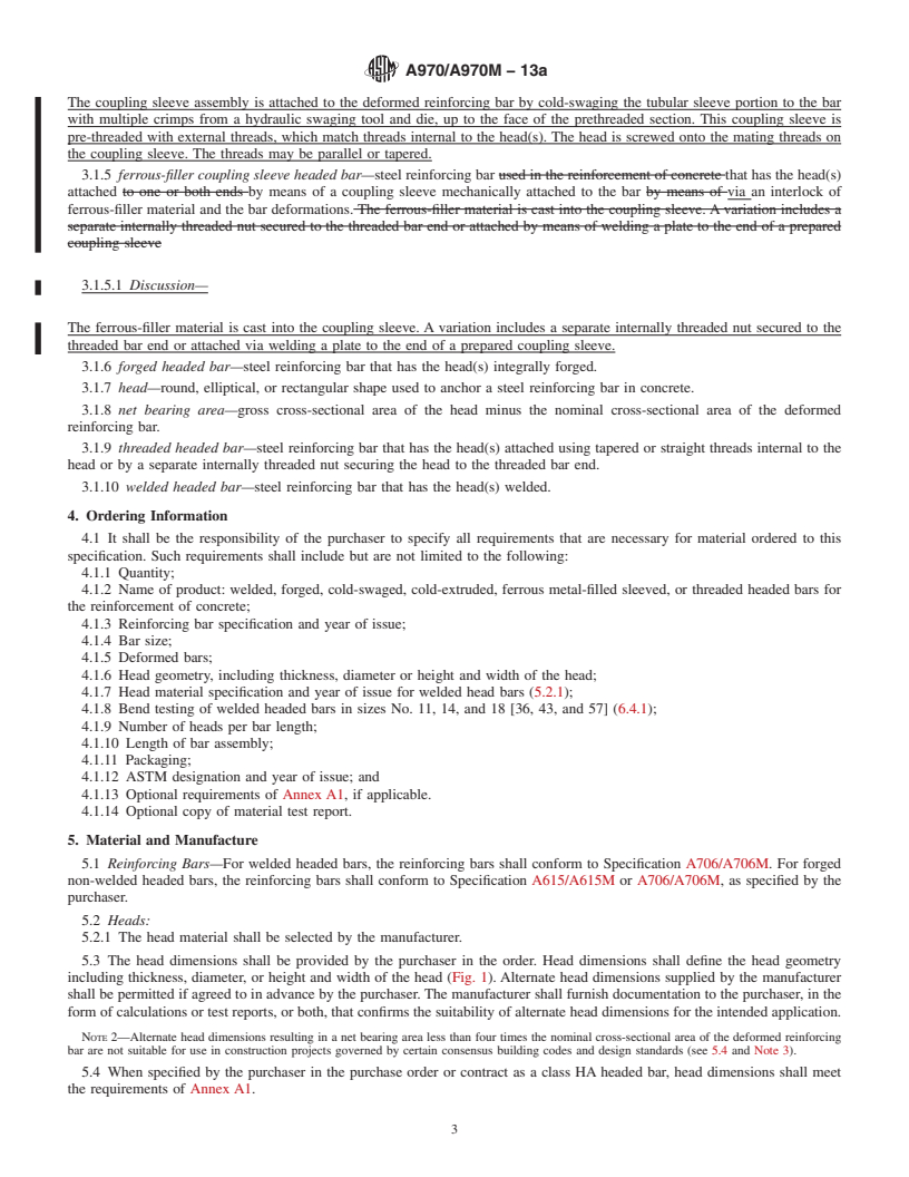 REDLINE ASTM A970/A970M-13a - Standard Specification for  Headed Steel Bars for Concrete Reinforcement