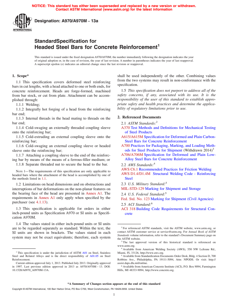 ASTM A970/A970M-13a - Standard Specification for  Headed Steel Bars for Concrete Reinforcement