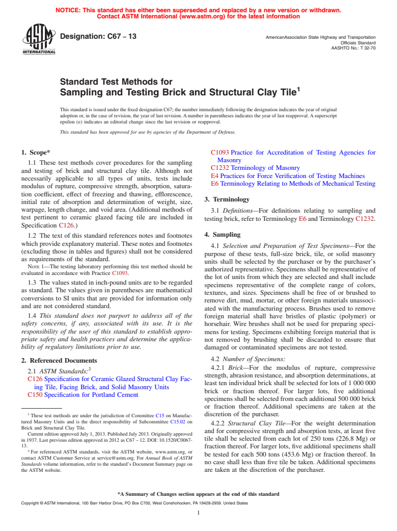 ASTM C67-13 - Standard Test Methods for  Sampling and Testing Brick and Structural Clay Tile