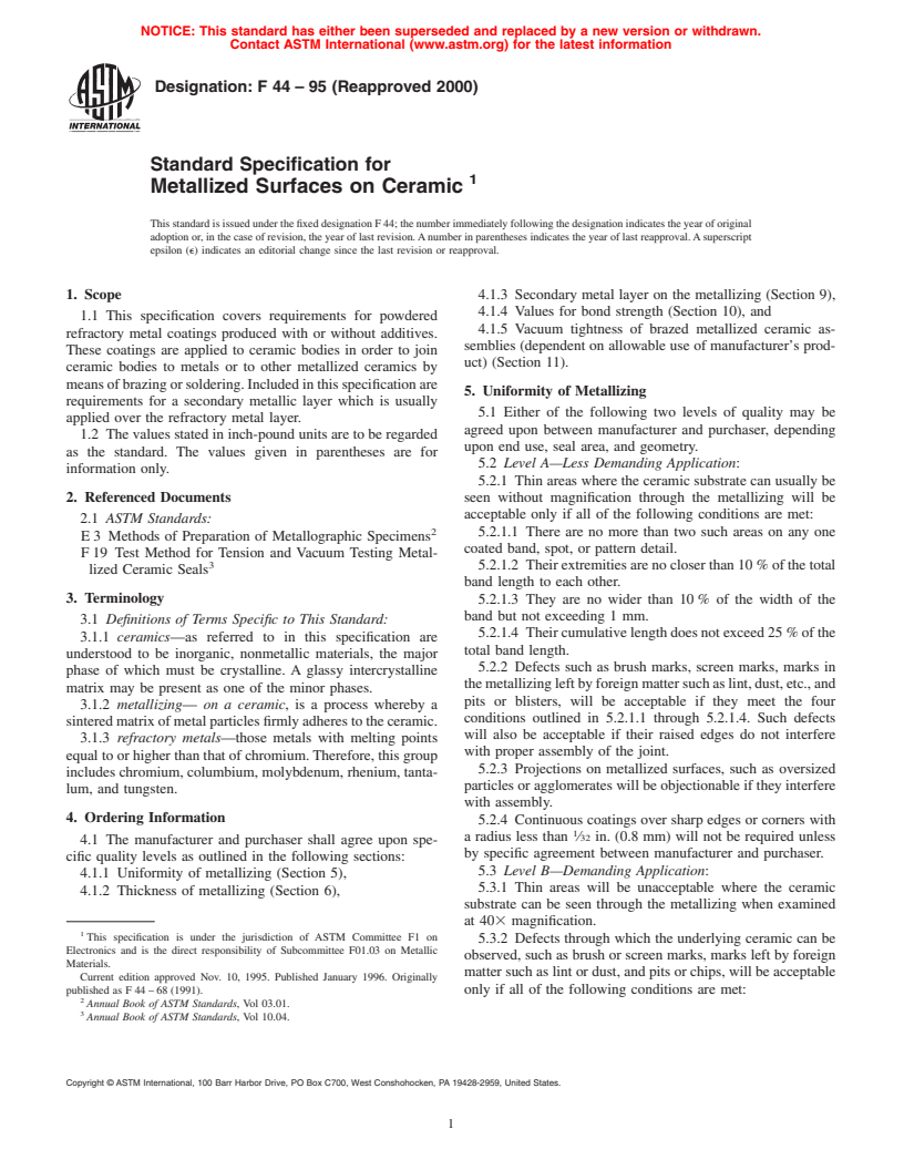 ASTM F44-95(2000) - Standard Specification for Metallized Surfaces on Ceramic