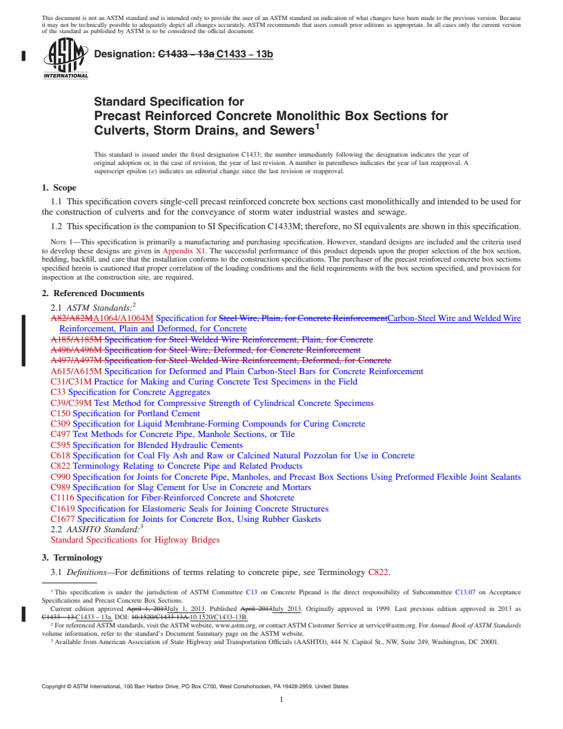 REDLINE ASTM C1433-13b - Standard Specification for  Precast Reinforced Concrete Monolithic Box Sections for Culverts,  Storm Drains, and Sewers