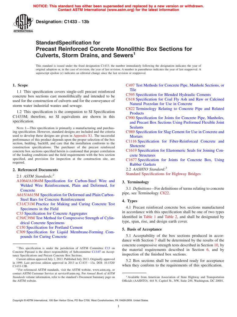 ASTM C1433-13b - Standard Specification for  Precast Reinforced Concrete Monolithic Box Sections for Culverts,  Storm Drains, and Sewers