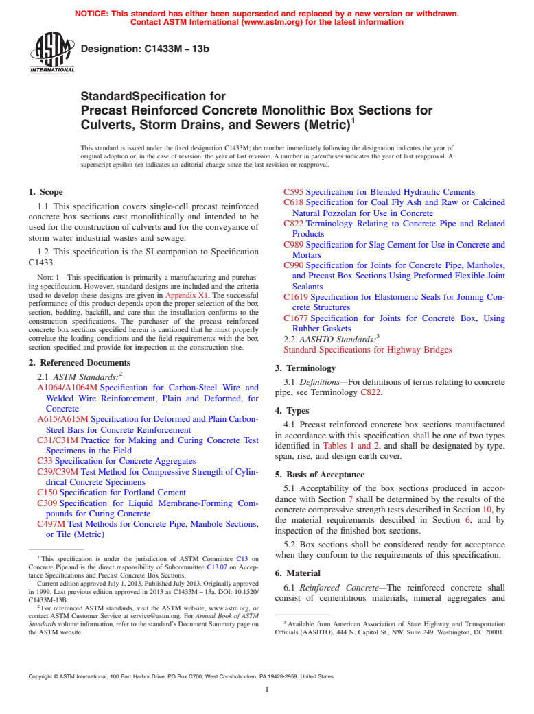 ASTM C1433M-13b - Standard Specification for  Precast Reinforced Concrete Monolithic Box Sections for Culverts,  Storm Drains, and Sewers (Metric)