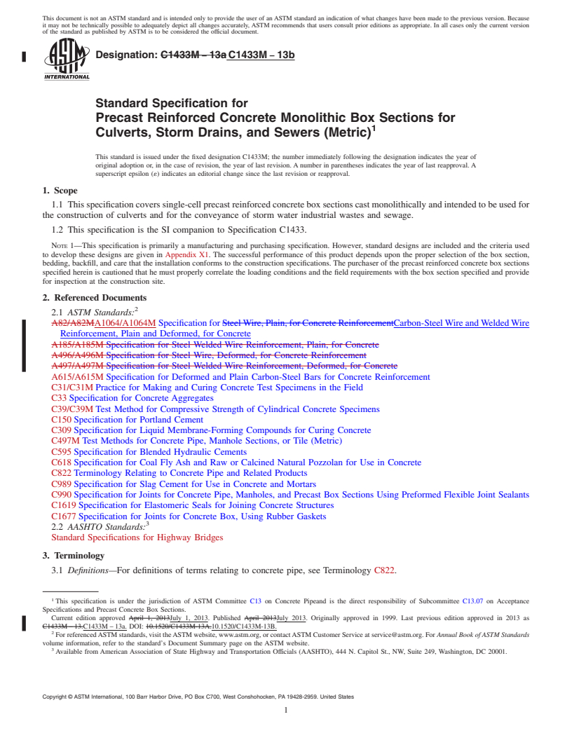 REDLINE ASTM C1433M-13b - Standard Specification for  Precast Reinforced Concrete Monolithic Box Sections for Culverts,  Storm Drains, and Sewers (Metric)