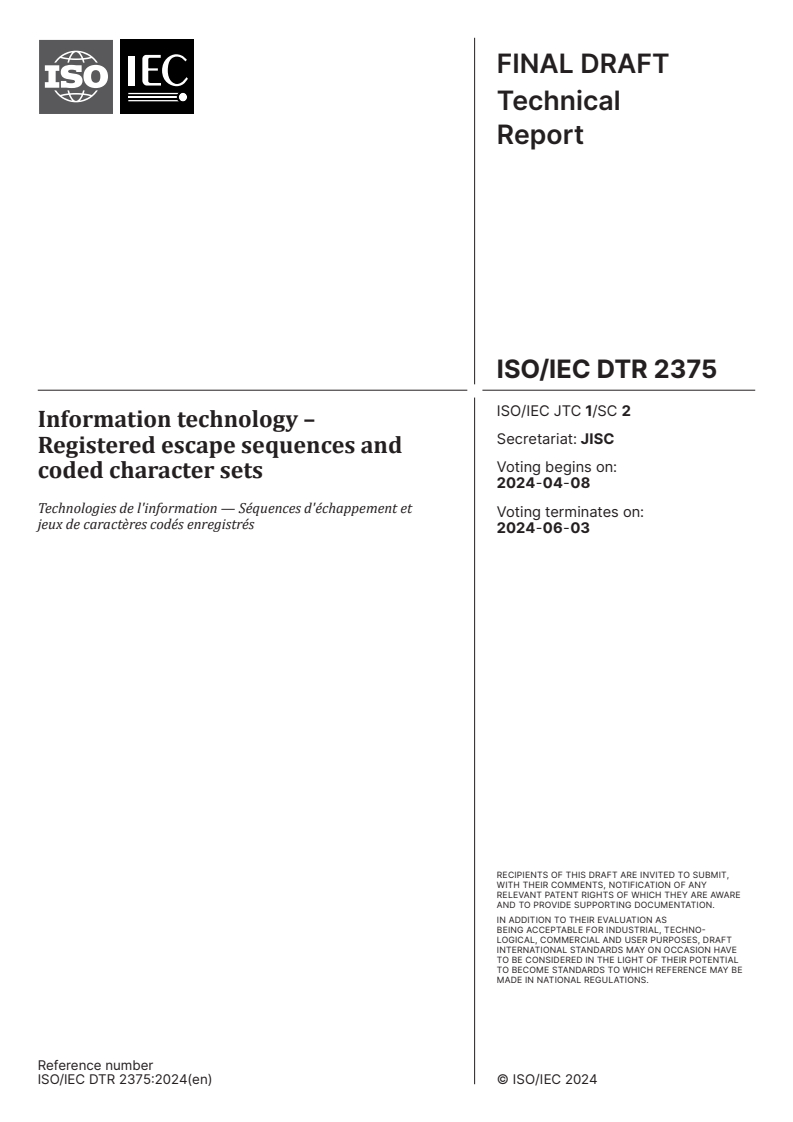 ISO/IEC DTR 2375 - Information technology – Registered escape sequences and coded character sets
Released:25. 03. 2024