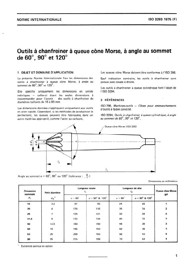 ISO 3293:1975 - Outils a chanfreiner a queue cône Morse, a angle au sommet de 60 degrés, 90 degrés et 120 degrés