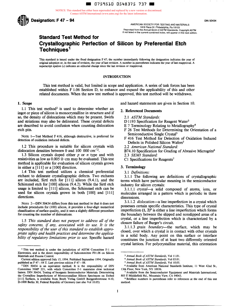 ASTM F47-94 - Test Method for Crystalographic Perfection of Silicon by Preferential Etch Techniques (Withdrawn 1998)