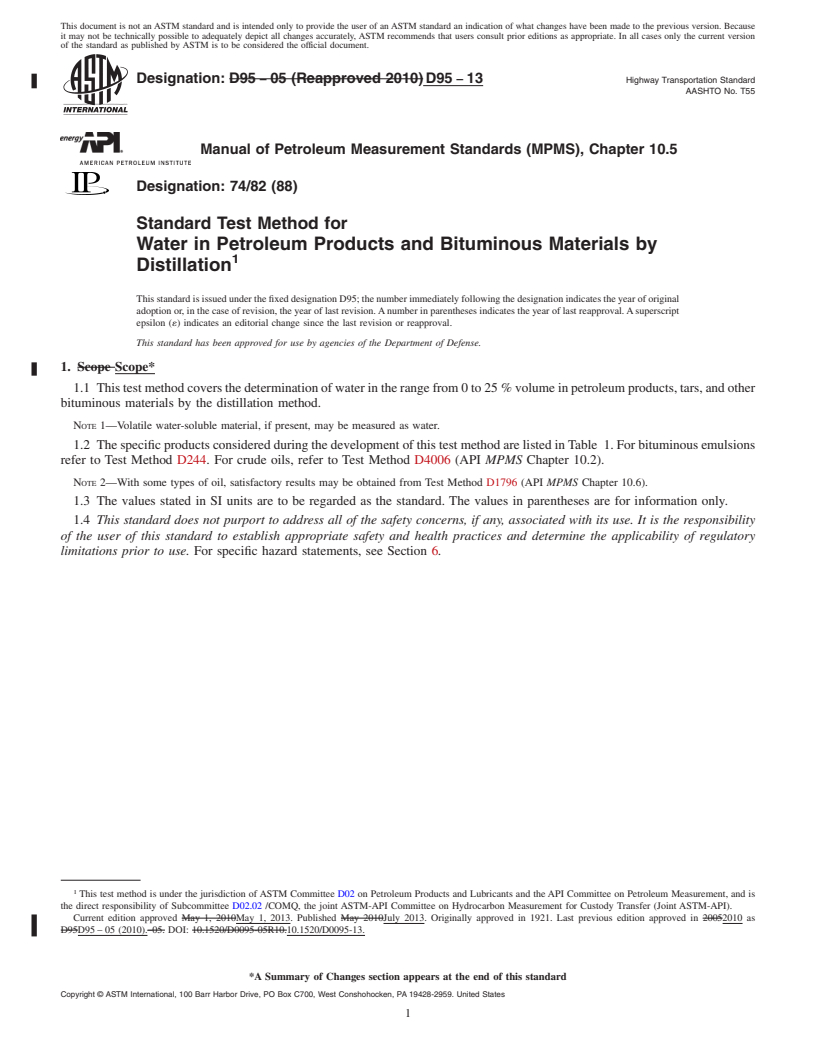 REDLINE ASTM D95-13 - Standard Test Method for  Water in Petroleum Products and Bituminous Materials by Distillation