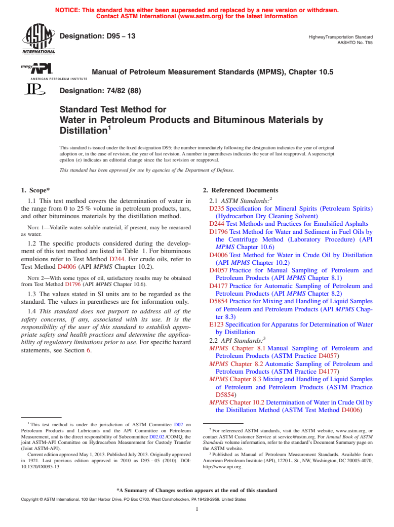 ASTM D95-13 - Standard Test Method for  Water in Petroleum Products and Bituminous Materials by Distillation