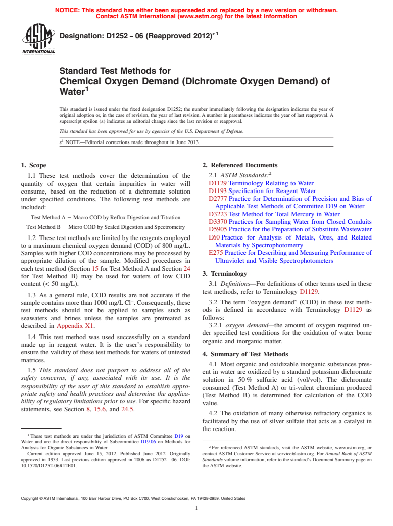 ASTM D1252-06(2012)e1 - Standard Test Methods for  Chemical Oxygen Demand (Dichromate Oxygen Demand) of Water