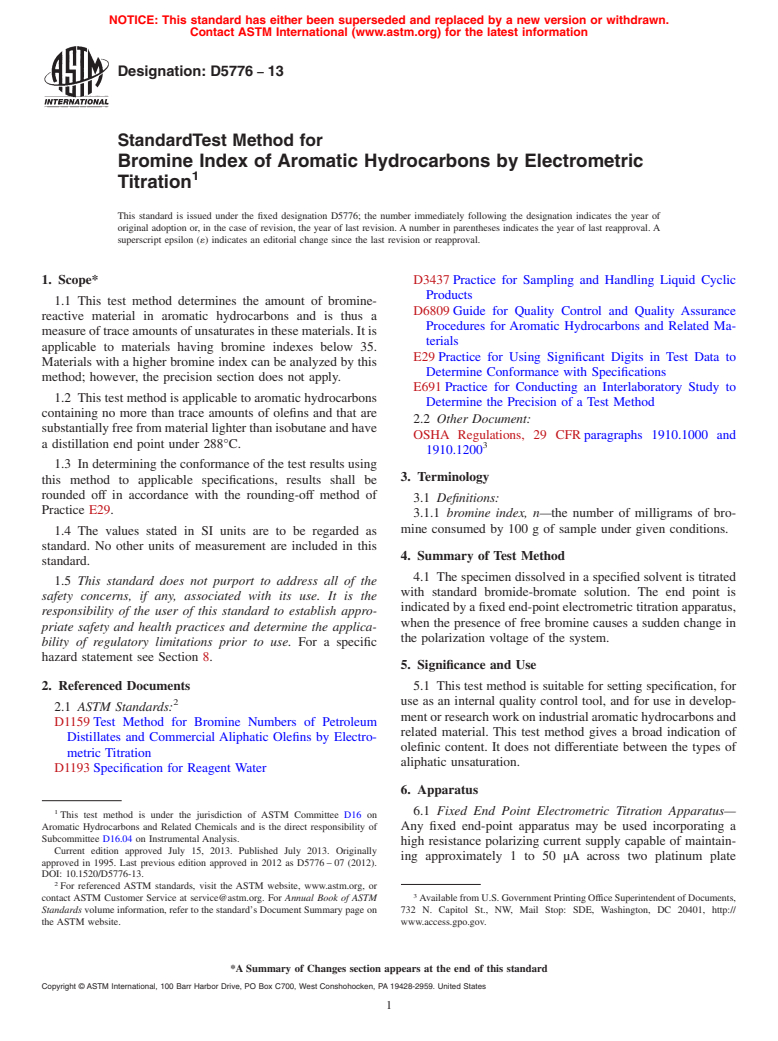 ASTM D5776-13 - Standard Test Method for Bromine Index of Aromatic Hydrocarbons by Electrometric Titration